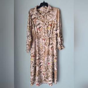 H&M Floral Long Sleeve Button Down Belted Maxi Dress Artistic Fun Print
